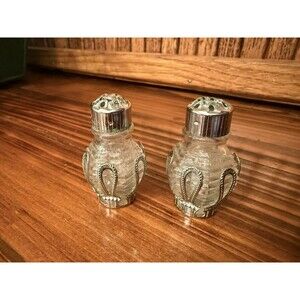 Vintage Glass Salt Pepper Shakers Silver Tone Overlay Mini Set Pair